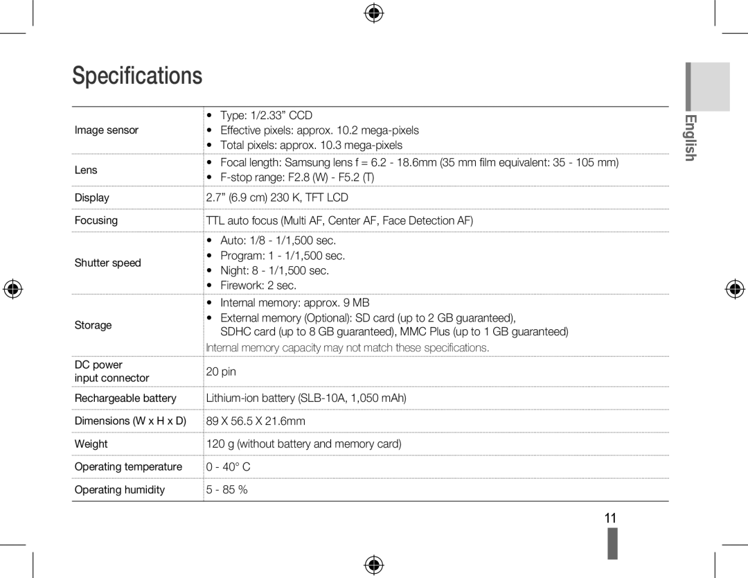 Samsung EC-PL51ZZBPBVN, EC-PL51ZZBPRE1, EC-PL51ZZBPAE1, EC-PL51ZZBPNE1, EC-PL51ZZBPAIT, EC-PL51ZZBPBE1 manual Specifications 