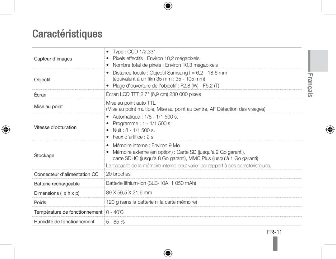 Samsung EC-PL51ZZBPARU, EC-PL51ZZBPRE1, EC-PL51ZZBPAE1, EC-PL51ZZBPNE1, EC-PL51ZZBPAIT, EC-PL51ZZBPBE1 Caractéristiques, FR-11 