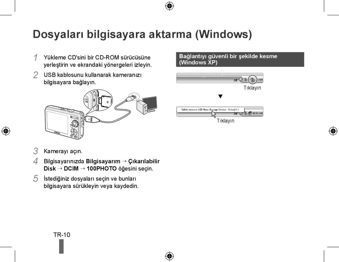 Samsung EC-PL51ZZBPRIT manual Dosyaları bilgisayara aktarma Windows, TR-10, Bağlantıyı güvenli bir şekilde kesme Windows XP 