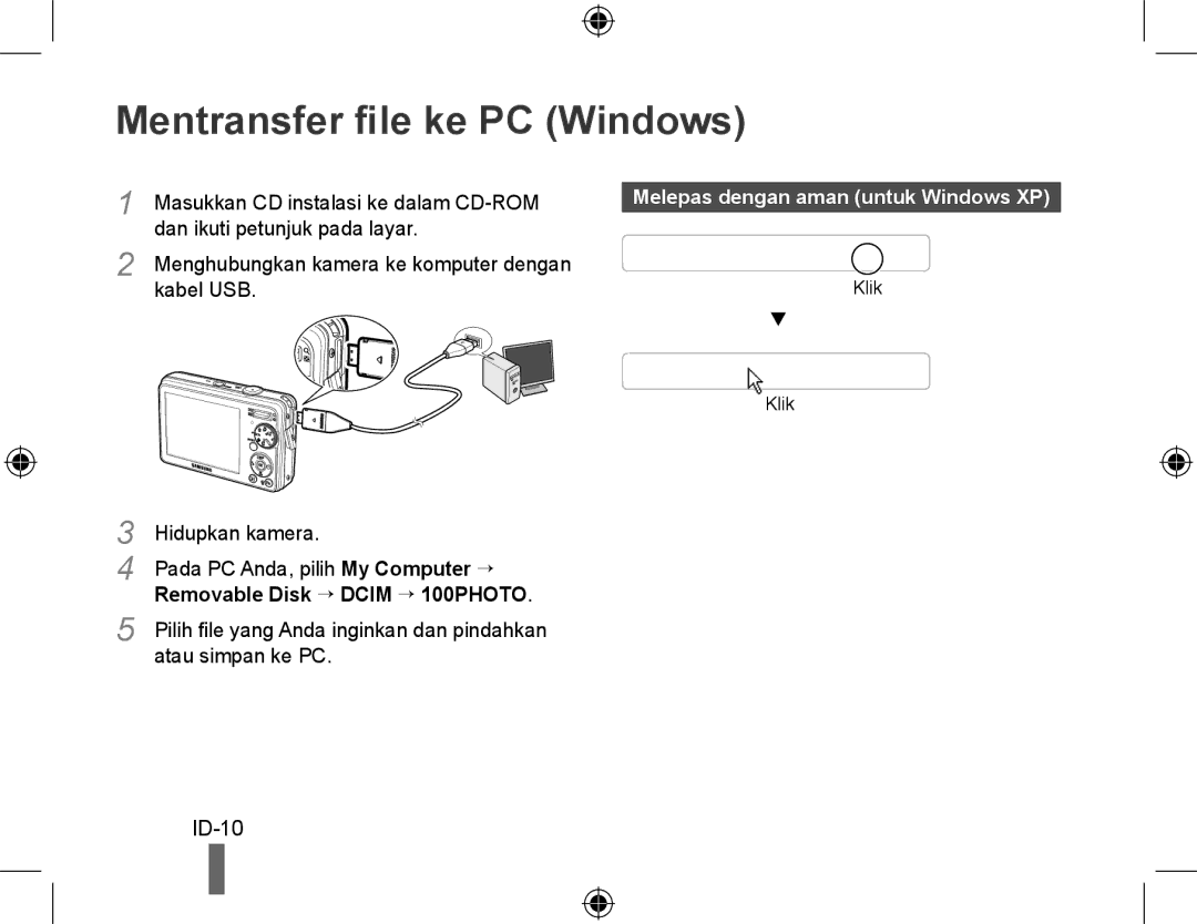 Samsung EC-PL51ZZBPRE1, EC-PL51ZZBPAE1 manual Mentransfer file ke PC Windows, ID-10, Melepas dengan aman untuk Windows XP 