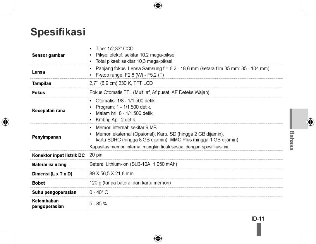 Samsung EC-PL51ZZBPAE1, EC-PL51ZZBPRE1 Spesifikasi, ID-11, Sensor gambar Lensa, Tampilan Fokus Kecepatan rana Penyimpanan 