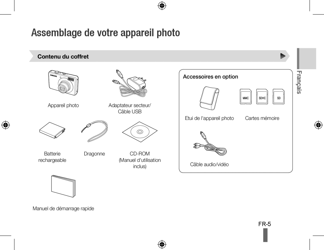 Samsung EC-PL51ZZBPRE3 manual Assemblage de votre appareil photo, Français, Fr-, Contenu du coffret, Accessoires en option 