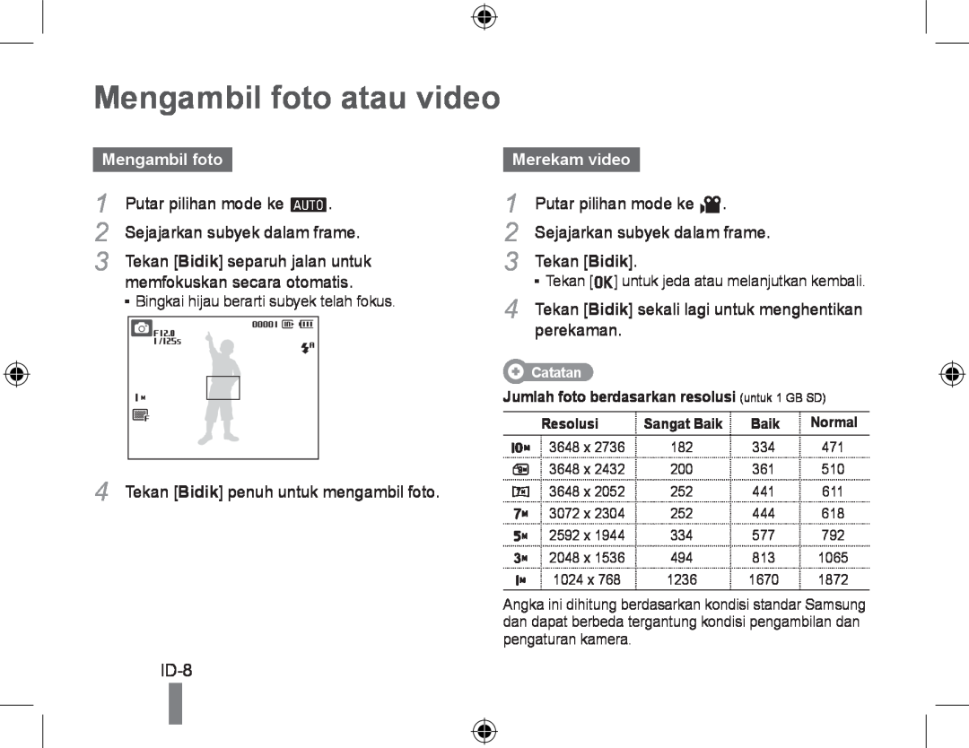 Samsung EC-PL51ZZBPNRU Mengambil foto atau video, Putar pilihan mode ke a, memfokuskan secara otomatis, Merekam video 