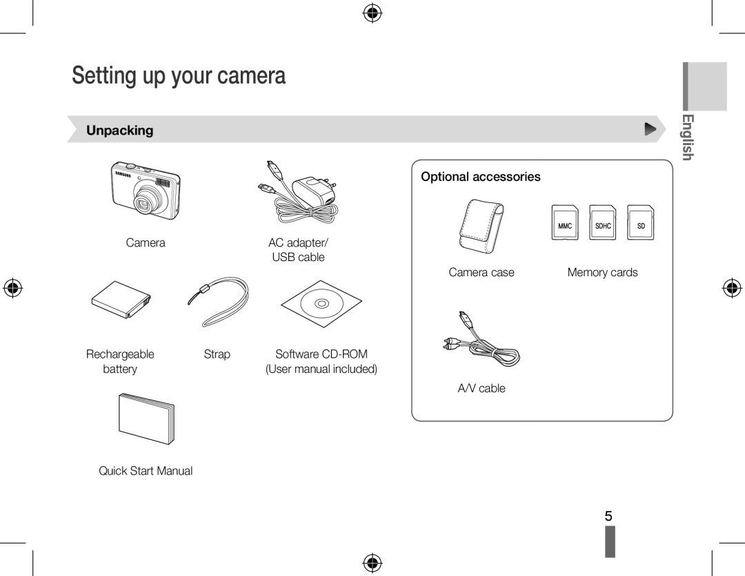 Samsung EC-PL51ZZBPRIT, EC-PL51ZZBPRE1, EC-PL51ZZBPAE1 Setting up your camera, English, Unpacking, Optional accessories 