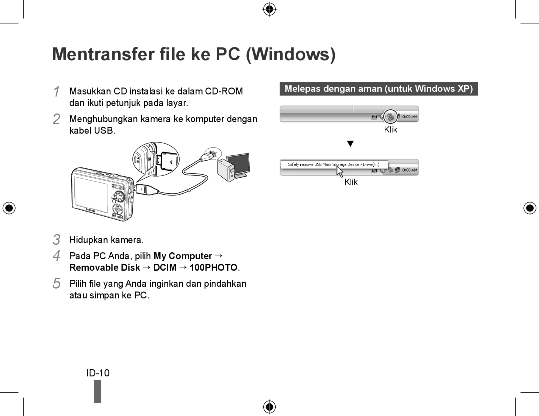 Samsung EC-PL51ZZBPRE1 manual Mentransfer file ke PC Windows, ID-10, Masukkan CD instalasi ke dalam CD-ROM, kabel USB 