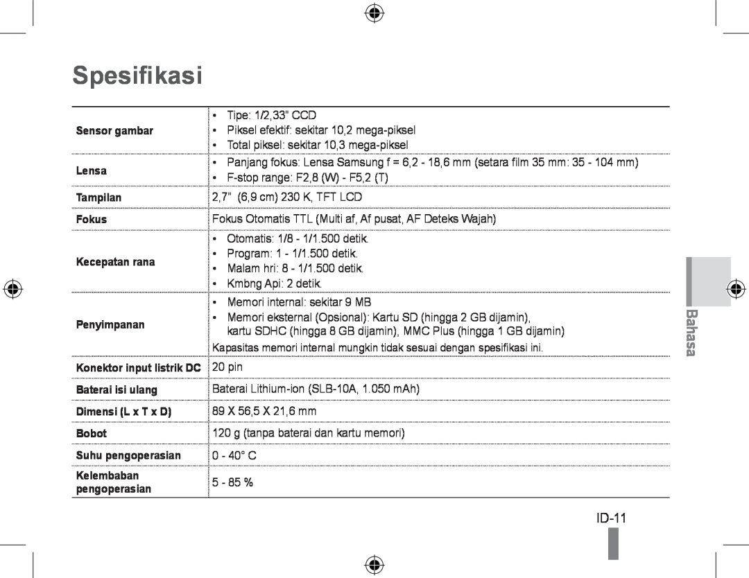 Samsung EC-PL51ZZBPAE1 manual Spesifikasi, Bahasa, ID-11, Sensor gambar Lensa, Tampilan Fokus Kecepatan rana Penyimpanan 