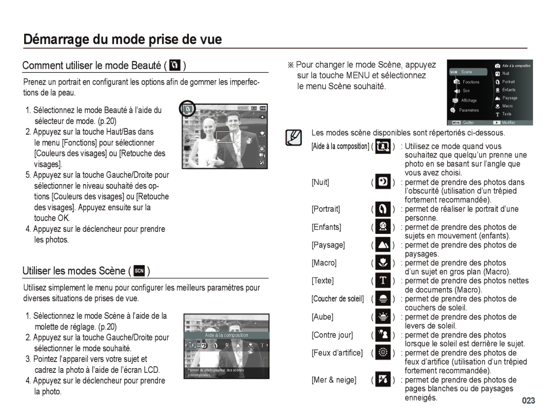 Samsung EC-PL51ZZBPRE1 manual Comment utiliser le mode Beauté, Utiliser les modes Scène, Sur la touche Menu et sélectionnez 