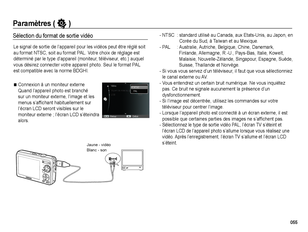 Samsung EC-PL51ZZBPNE1, EC-PL51ZZBPRE1, EC-PL51ZZBPAE1 manual Sélection du format de sortie vidéo 