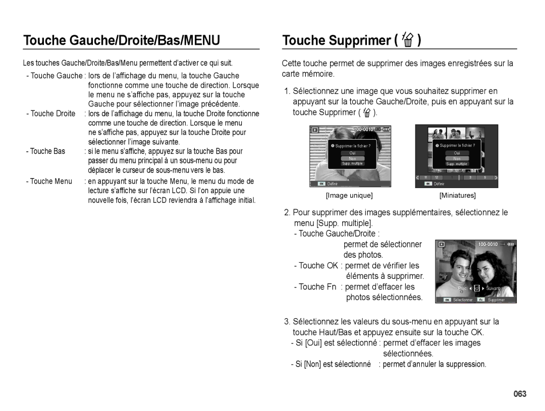 Samsung EC-PL51ZZBPAE1, EC-PL51ZZBPRE1 Touche Gauche/Droite/Bas/MENU, Touche Supprimer Õ, Touche Fn permet d’effacer les 