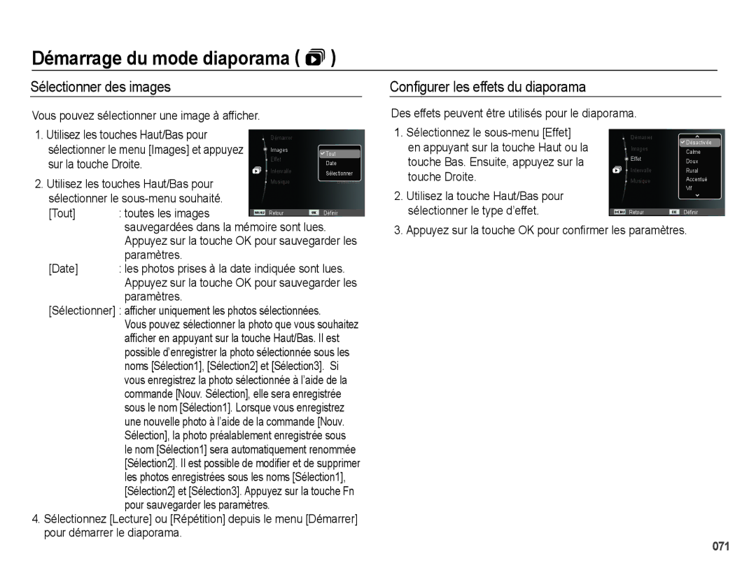 Samsung EC-PL51ZZBPRE1, EC-PL51ZZBPAE1, EC-PL51ZZBPNE1 manual Sélectionner des images Conﬁgurer les effets du diaporama 