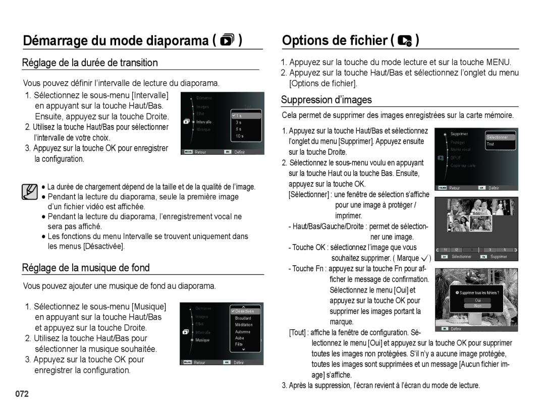 Samsung EC-PL51ZZBPAE1, EC-PL51ZZBPRE1 manual Options de ﬁchier, Réglage de la durée de transition, Suppression d’images 