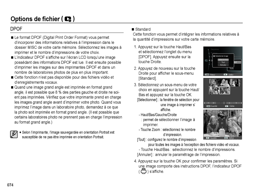 Samsung EC-PL51ZZBPRE1 manual Standard, Appuyez sur la touche Haut/Bas, Et sélectionnez l’onglet du menu, Imprimer 