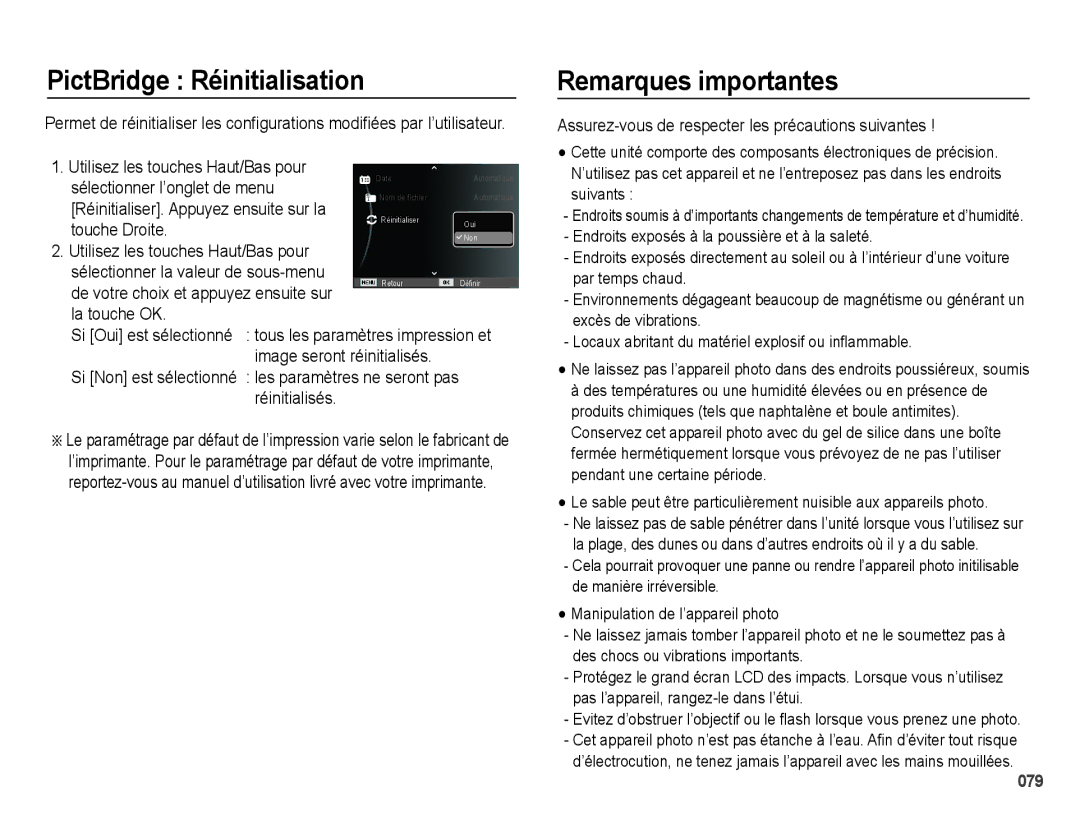 Samsung EC-PL51ZZBPNE1 PictBridge Réinitialisation, Remarques importantes, Sélectionner l’onglet de menu, Touche Droite 