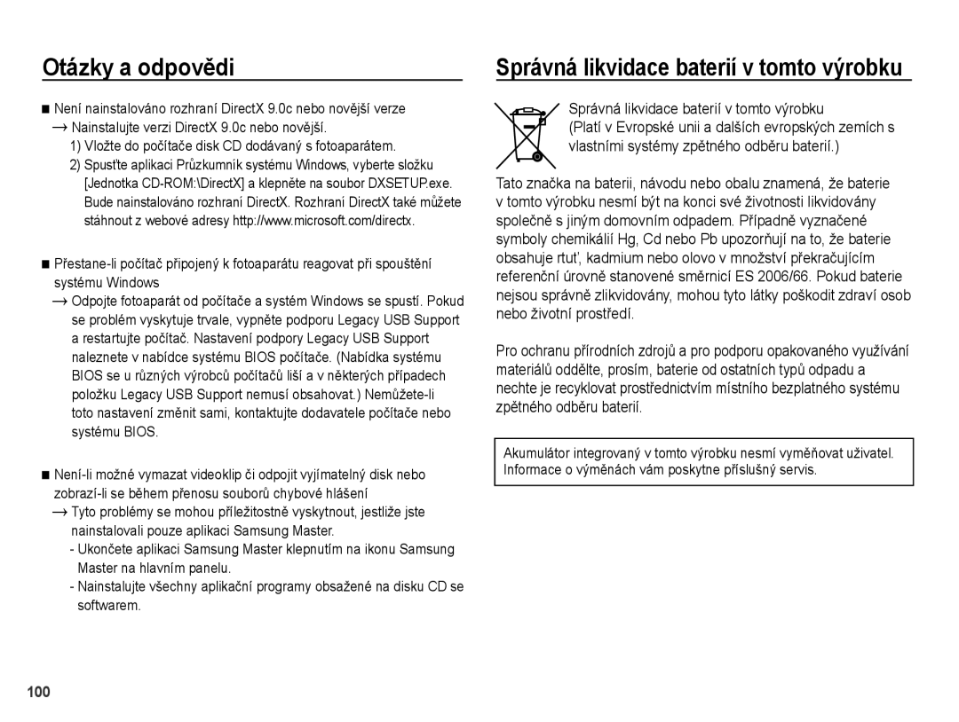 Samsung EC-PL51ZZBPBE3, EC-PL51ZZBPRE1, EC-PL51ZZBPRE3, EC-PL51ZZBPAE3 manual Správná likvidace baterií v tomto výrobku 