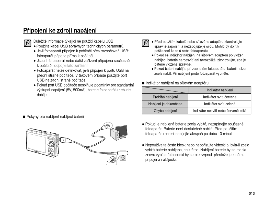 Samsung EC-PL51ZZBPRE3, EC-PL51ZZBPRE1, EC-PL51ZZBPBE3, EC-PL51ZZBPAE3 manual Indikátor nabíjení na síťovém adaptéru 