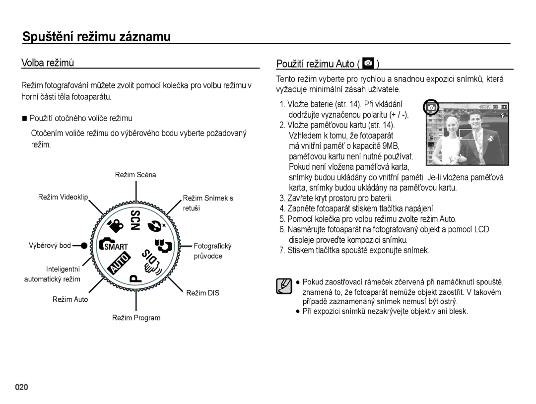 Samsung EC-PL51ZZBPBE3 manual Spuštění režimu záznamu, Volba režimů, Použití režimu Auto, Vložte paměťovou kartu str 