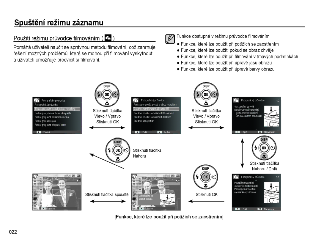 Samsung EC-PL51ZZBPAE3, EC-PL51ZZBPRE1, EC-PL51ZZBPBE3, EC-PL51ZZBPRE3 manual Použití režimu průvodce ﬁlmováním 