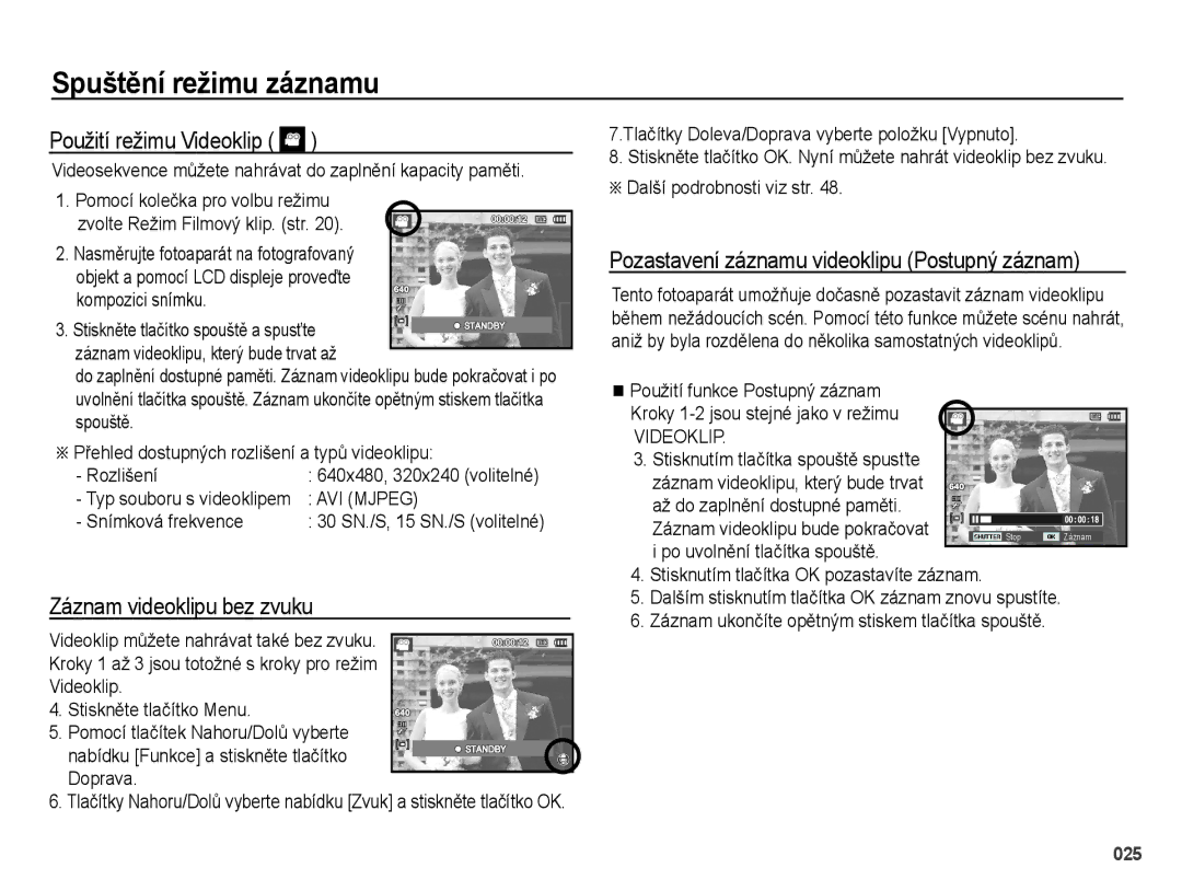 Samsung EC-PL51ZZBPRE3, EC-PL51ZZBPRE1, EC-PL51ZZBPBE3, EC-PL51ZZBPAE3 Použití režimu Videoklip, Záznam videoklipu bez zvuku 