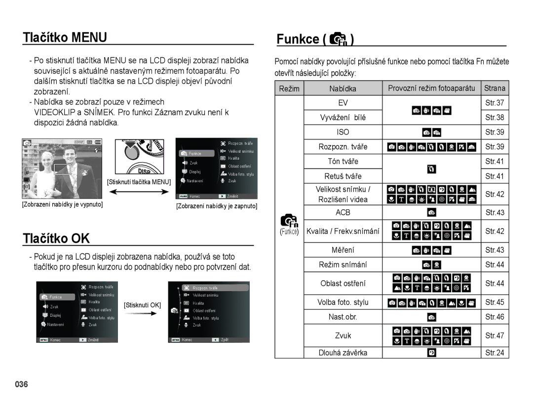 Samsung EC-PL51ZZBPBE3, EC-PL51ZZBPRE1, EC-PL51ZZBPRE3, EC-PL51ZZBPAE3 manual Tlačítko Menu, Funkce, Tlačítko OK 