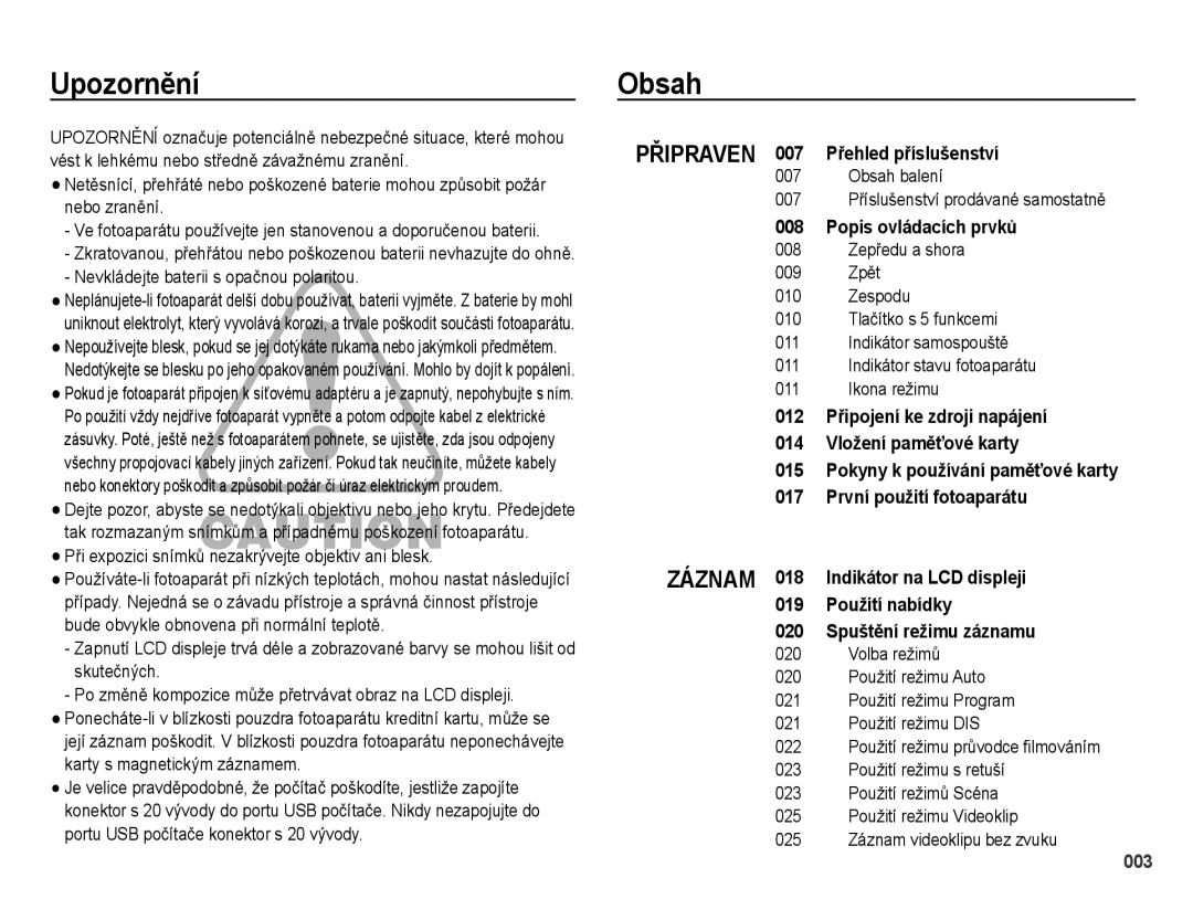 Samsung EC-PL51ZZBPRE1, EC-PL51ZZBPBE3 manual Upozornění, Nevkládejte baterii s opačnou polaritou, Obsah balení 