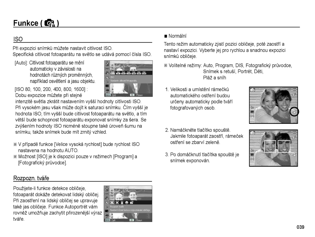 Samsung EC-PL51ZZBPRE1, EC-PL51ZZBPBE3 manual Rozpozn. tváře, Při expozici snímků můžete nastavit citlivost ISO, Pláž a sníh 