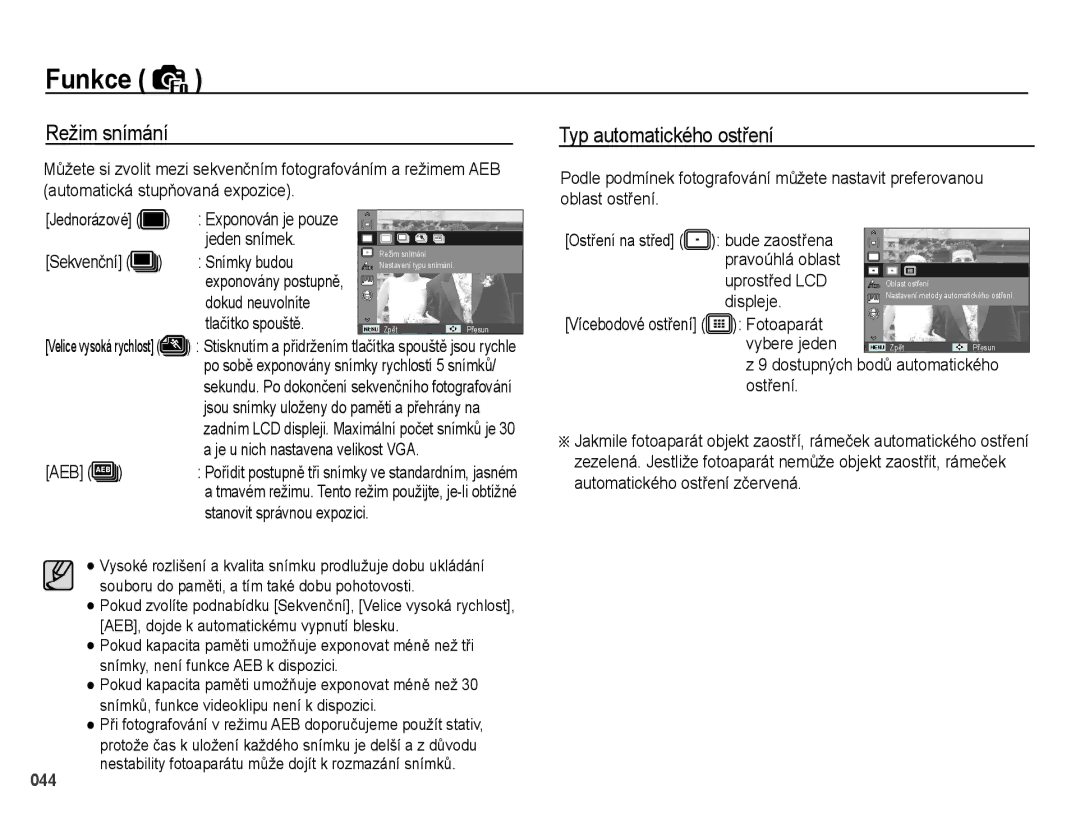 Samsung EC-PL51ZZBPBE3, EC-PL51ZZBPRE1, EC-PL51ZZBPRE3, EC-PL51ZZBPAE3 manual Režim snímání, Typ automatického ostření 