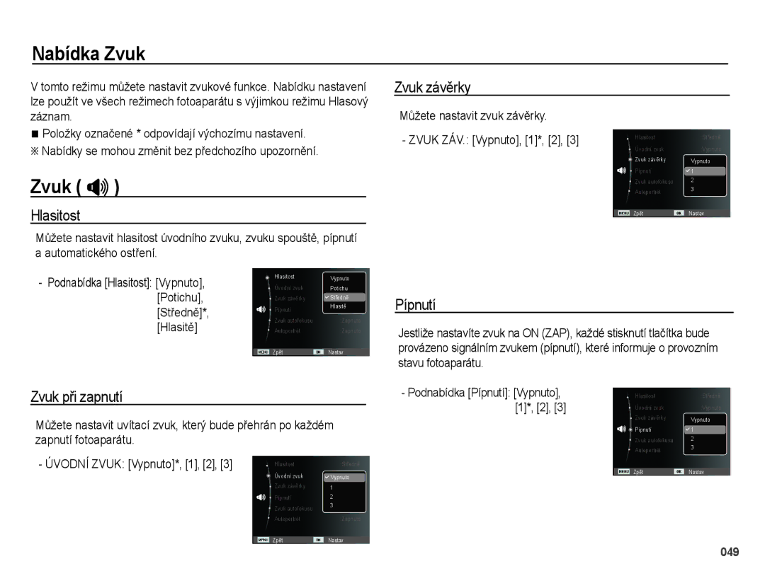 Samsung EC-PL51ZZBPRE3, EC-PL51ZZBPRE1, EC-PL51ZZBPBE3, EC-PL51ZZBPAE3 manual Nabídka Zvuk, Zvuk  