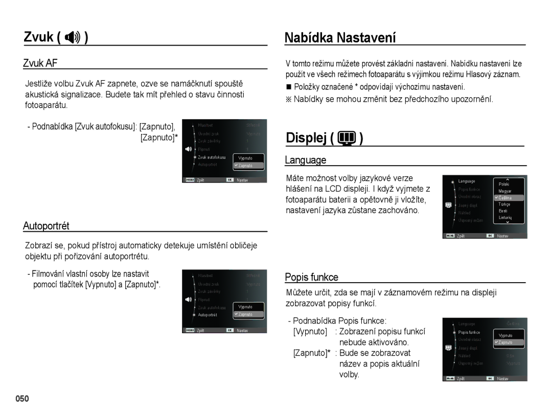 Samsung EC-PL51ZZBPAE3, EC-PL51ZZBPRE1, EC-PL51ZZBPBE3, EC-PL51ZZBPRE3 manual Nabídka Nastavení, Displej 