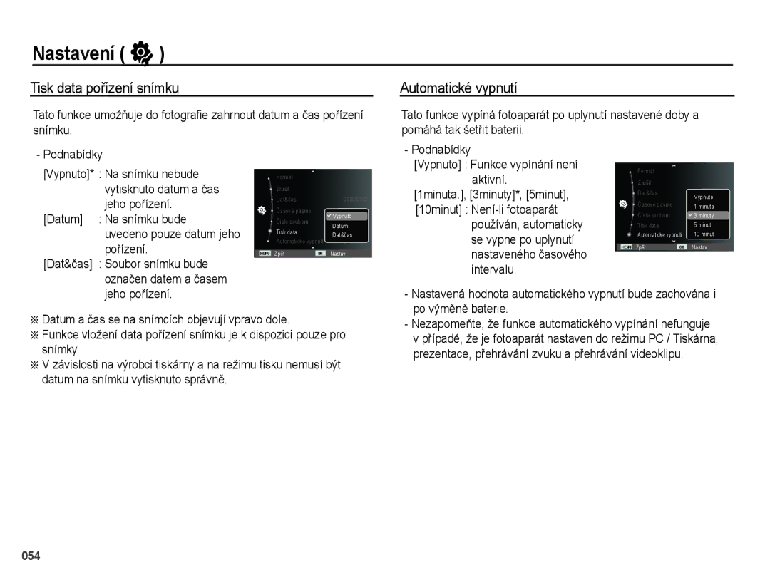 Samsung EC-PL51ZZBPAE3, EC-PL51ZZBPRE1, EC-PL51ZZBPBE3, EC-PL51ZZBPRE3 manual Tisk data pořízení snímku, Automatické vypnutí 