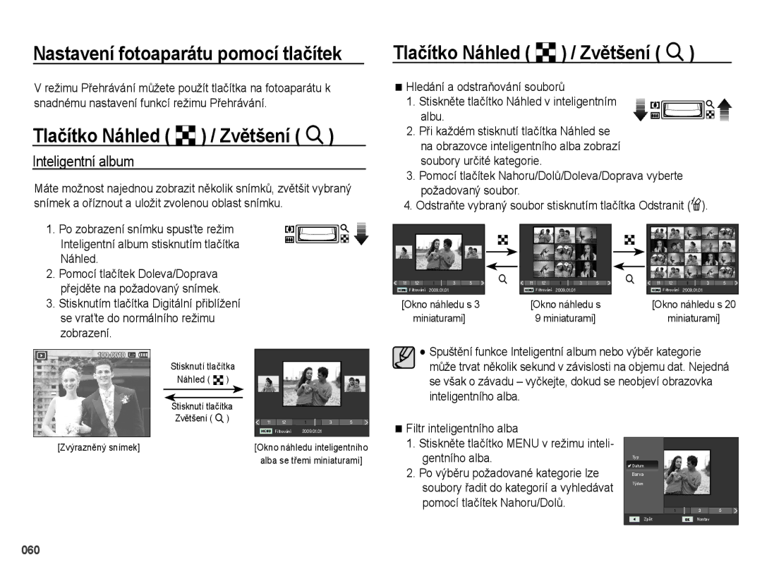 Samsung EC-PL51ZZBPBE3 manual Nastavení fotoaparátu pomocí tlačítek, Tlačítko Náhled º / Zvětšení í, Inteligentní album 