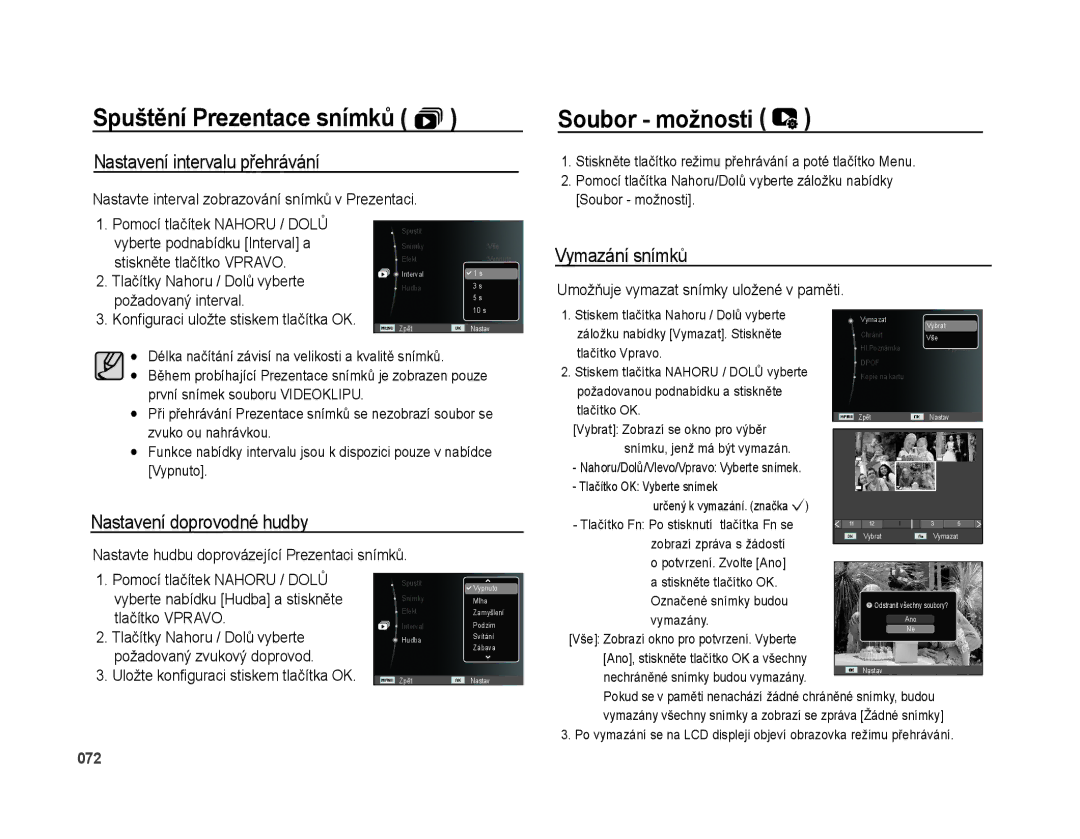 Samsung EC-PL51ZZBPBE3 manual Spuštění Prezentace snímků ì, Nastavení intervalu přehrávání, Nastavení doprovodné hudby 