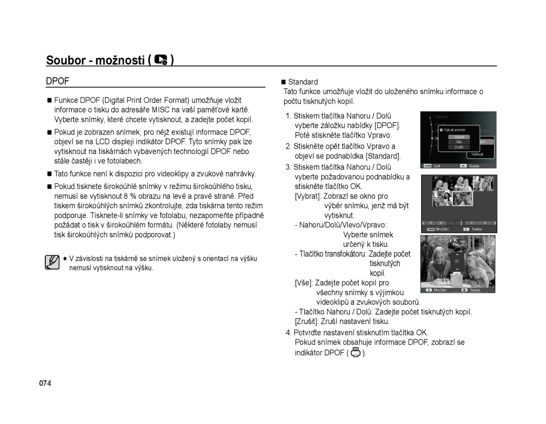 Samsung EC-PL51ZZBPAE3 manual Standard, Stiskem tlačítka Nahoru / Dolů, Vyberte záložku nabídky Dpof, Indikátor Dpof 