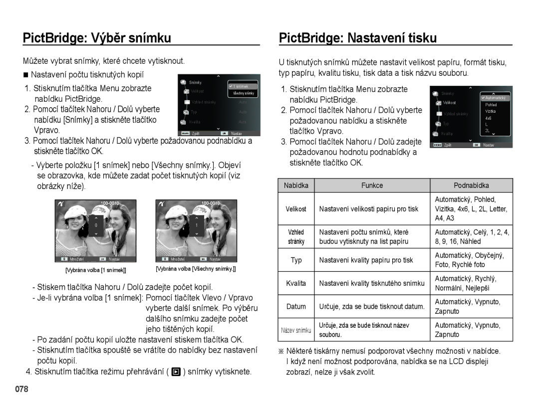 Samsung EC-PL51ZZBPAE3, EC-PL51ZZBPRE1, EC-PL51ZZBPBE3, EC-PL51ZZBPRE3 PictBridge Výběr snímku, PictBridge Nastavení tisku 