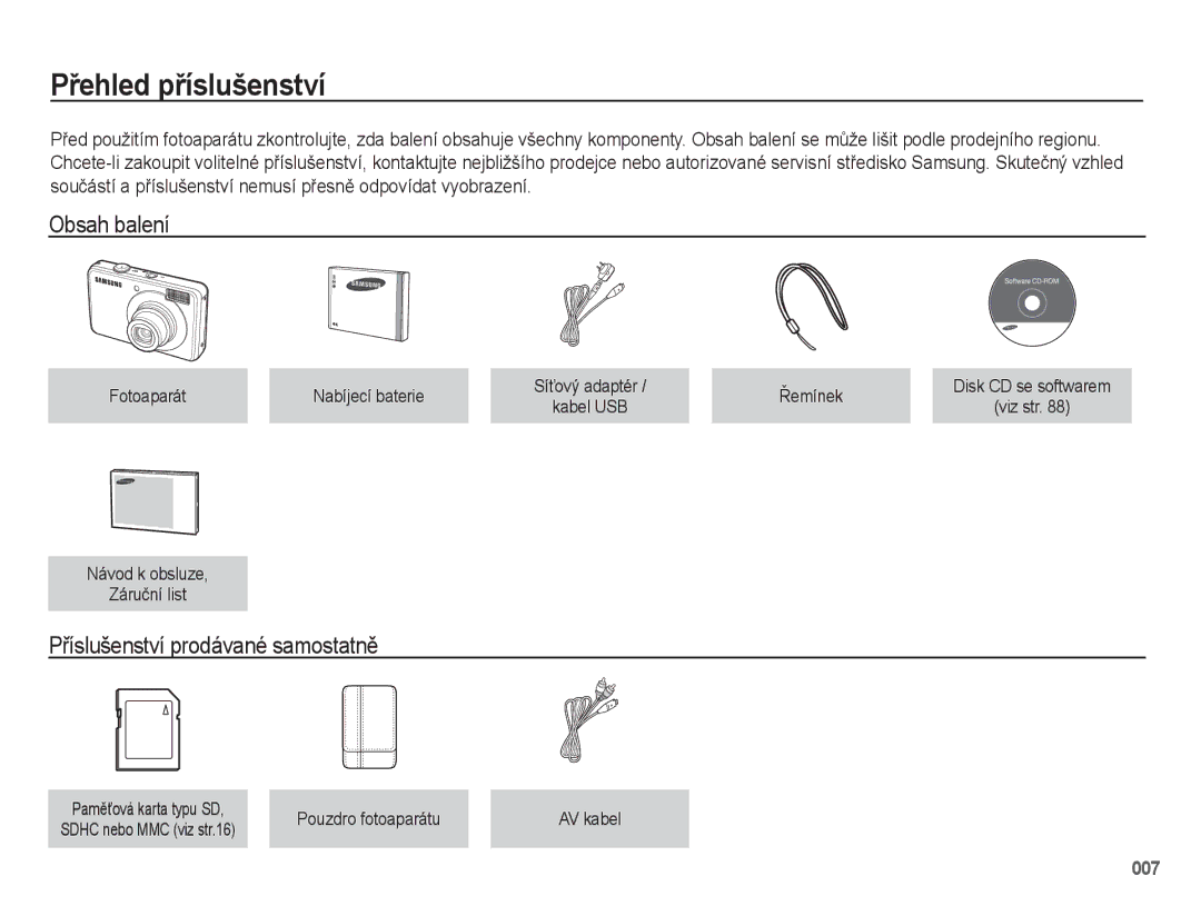 Samsung EC-PL51ZZBPRE1, EC-PL51ZZBPBE3 manual Přehled příslušenství, Obsah balení, Příslušenství prodávané samostatně 