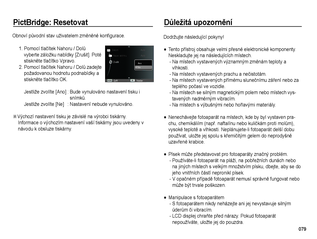 Samsung EC-PL51ZZBPRE1, EC-PL51ZZBPBE3, EC-PL51ZZBPRE3, EC-PL51ZZBPAE3 manual PictBridge Resetovat, Důležitá upozornění 