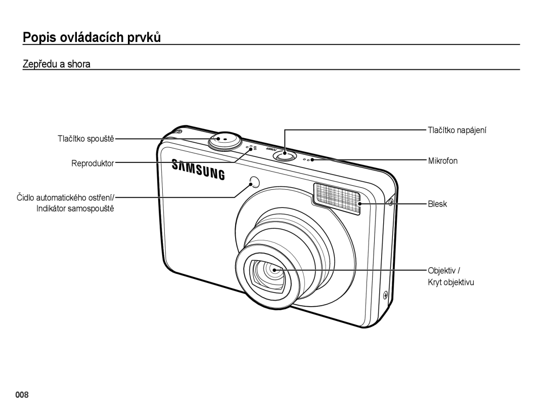 Samsung EC-PL51ZZBPBE3, EC-PL51ZZBPRE1 manual Popis ovládacích prvků, Zepředu a shora, Tlačítko napájení Mikrofon Blesk 