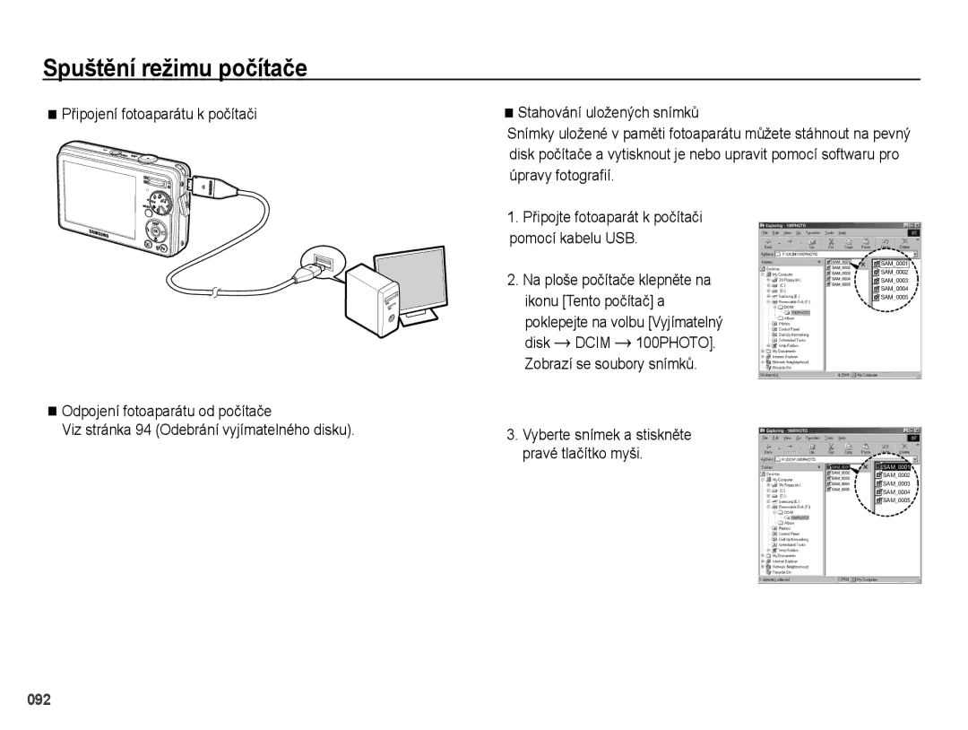 Samsung EC-PL51ZZBPBE3 manual Na ploše počítače klepněte na, Ikonu Tento počítač a, Poklepejte na volbu Vyjímatelný Disk 