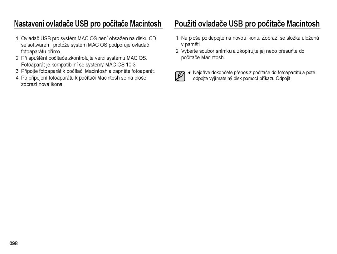 Samsung EC-PL51ZZBPAE3, EC-PL51ZZBPRE1, EC-PL51ZZBPBE3, EC-PL51ZZBPRE3 manual Použití ovladače USB pro počítače Macintosh 