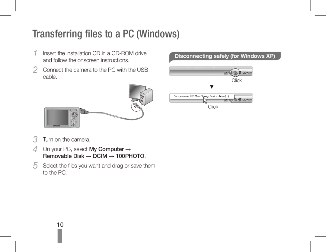 Samsung EC-PL55ZZBPSCN manual Transferring files to a PC Windows, Disconnecting safely for Windows XP, Turn on the camera 