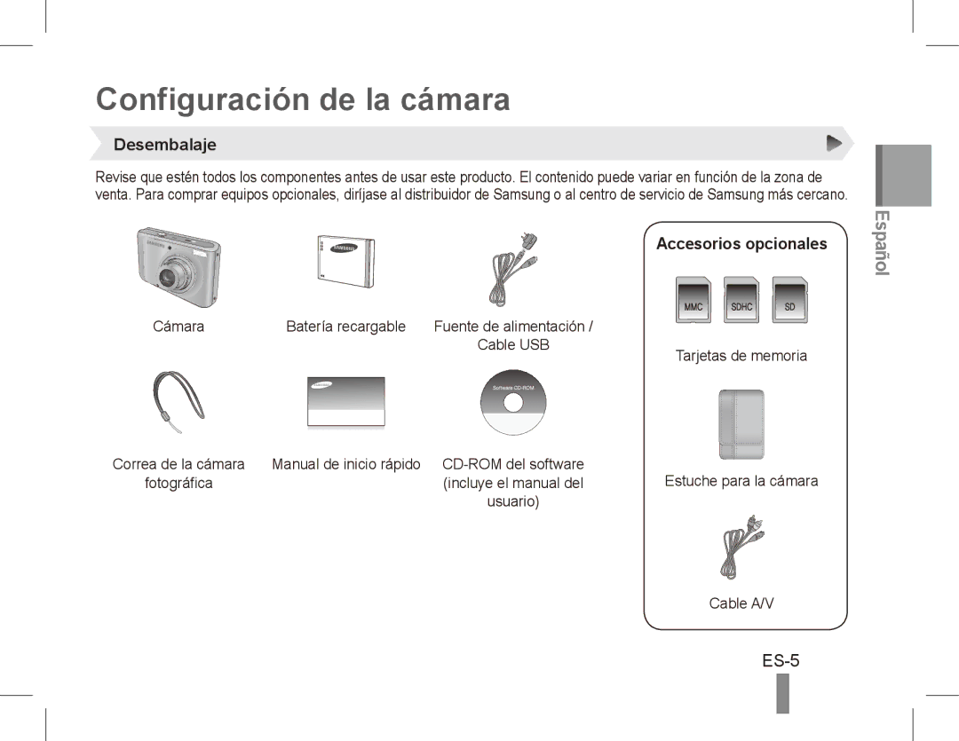 Samsung EC-PL55ZZBPBSA, EC-PL55ZZBPBE1, EC-PL55ZZBPRE1 Configuración de la cámara, ES-5, Desembalaje, Accesorios opcionales 