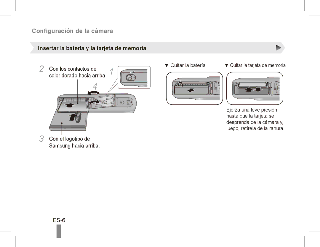 Samsung EC-PL55ZZDPRAS, EC-PL55ZZBPBE1 manual ES-6, Insertar la batería y la tarjeta de memoria, Con el logotipo de 