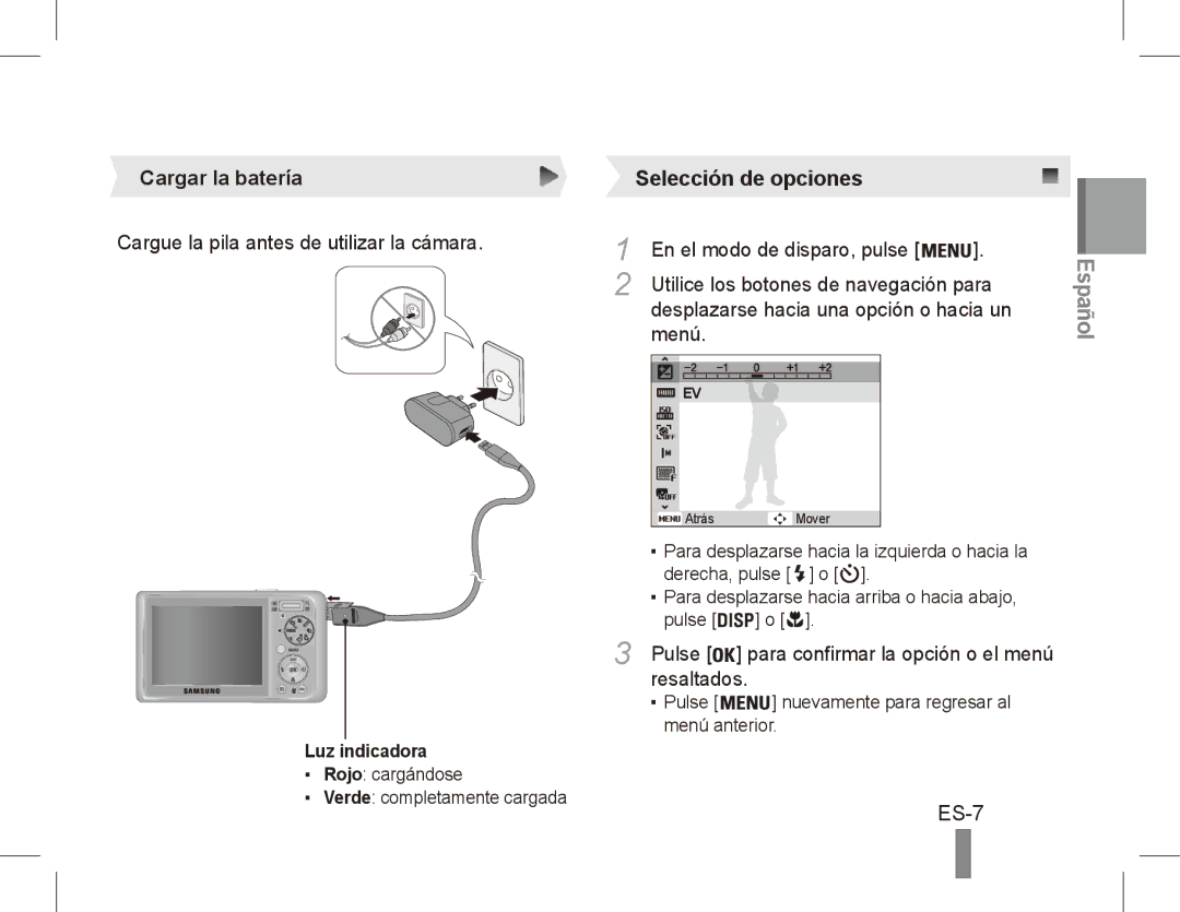 Samsung EC-PL55ZZBPSVN, EC-PL55ZZBPBE1 manual ES-7, Cargar la batería Selección de opciones, Resaltados, Luz indicadora 