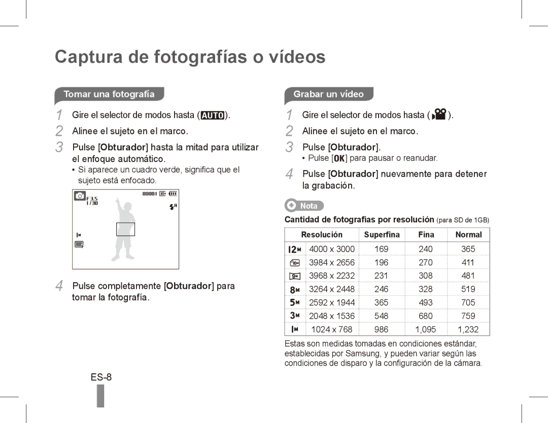 Samsung EC-PL55ZZBPRVN, EC-PL55ZZBPBE1, EC-PL55ZZBPRE1 manual Captura de fotografías o vídeos, ES-8, Grabar un vídeo 