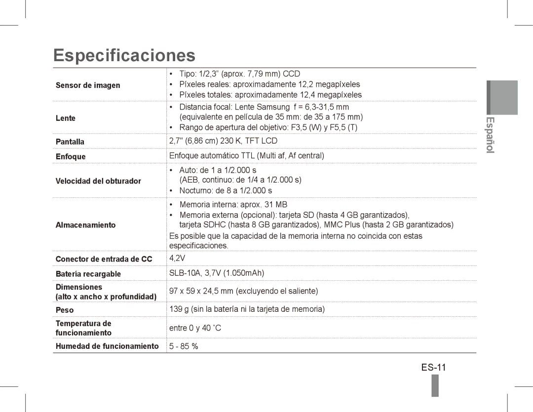 Samsung EC-PL55ZZBPUE3, EC-PL55ZZBPBE1, EC-PL55ZZBPRE1 manual Especificaciones, ES-11, Batería recargable Dimensiones, Peso 