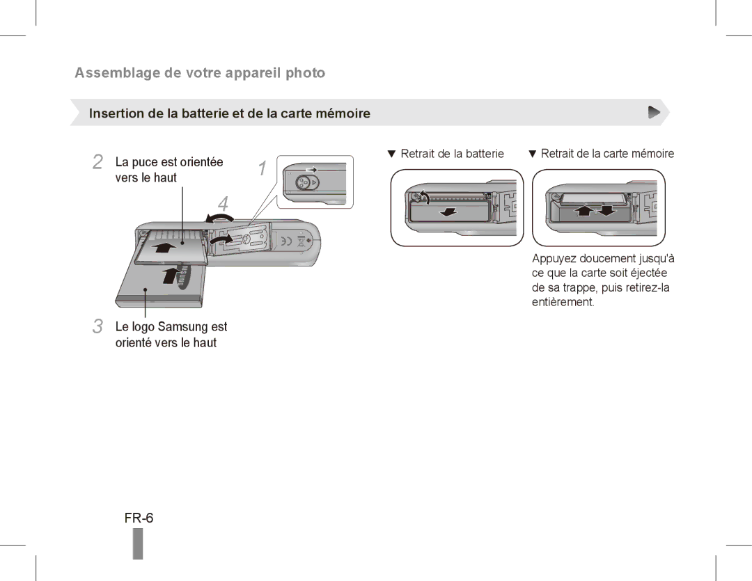 Samsung EC-PL55ZZBPSE2 manual FR-6, Insertion de la batterie et de la carte mémoire, La puce est orientée Vers le haut 