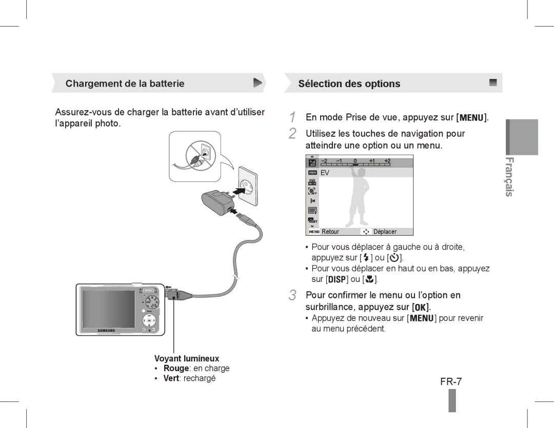 Samsung EC-PL55ZZBPBRU FR-7, Chargement de la batterie, En mode Prise de vue, appuyez sur, Atteindre une option ou un menu 