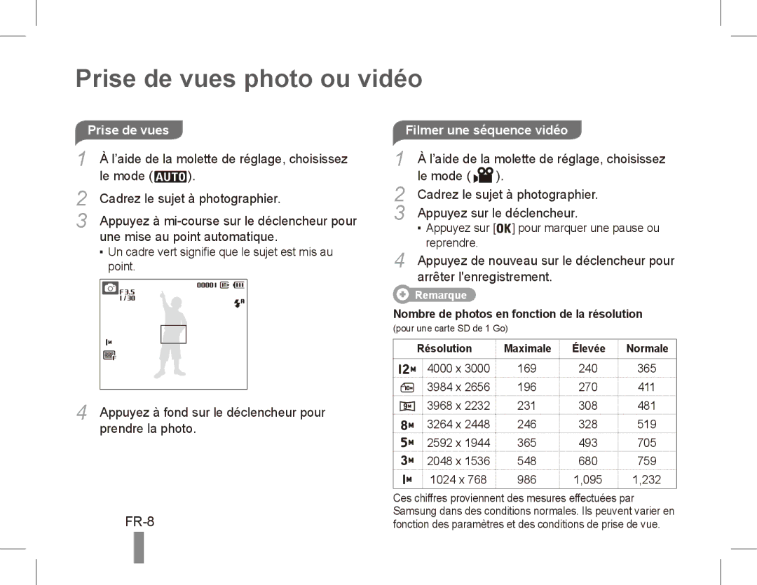 Samsung EC-PL55ZZBPSRU, EC-PL55ZZBPBE1, EC-PL55ZZBPRE1, EC-PL55ZZBPBFR, EC-PL55ZZBPSCA Prise de vues photo ou vidéo, FR-8 