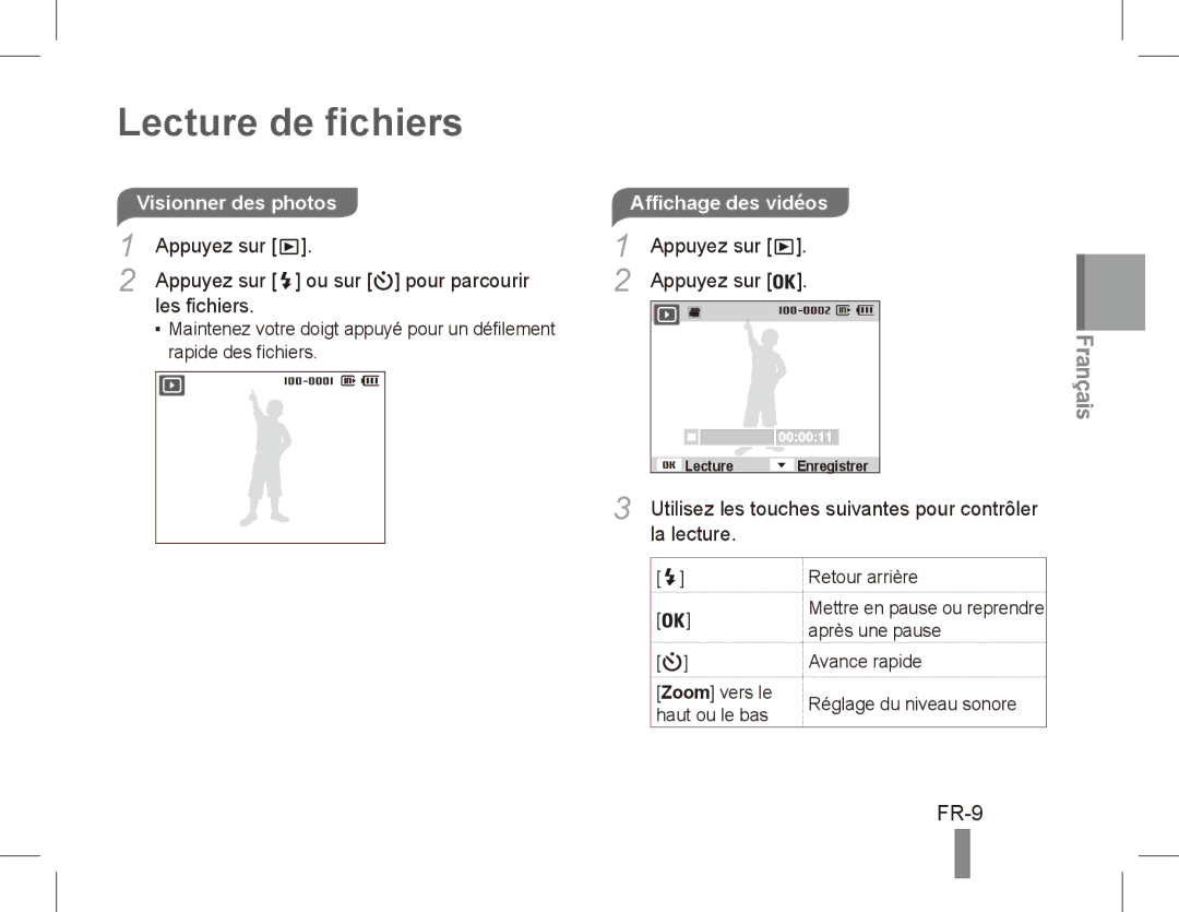 Samsung EC-PL55ZZBPRRU manual Lecture de fichiers, FR-9, Appuyez sur Ou sur pour parcourir Les fichiers, La lecture 