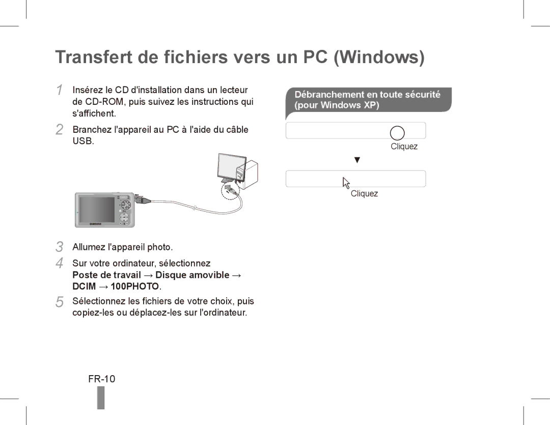 Samsung EC-PL55ZZBPURU manual Transfert de fichiers vers un PC Windows, FR-10, Saffichent, Allumez lappareil photo 