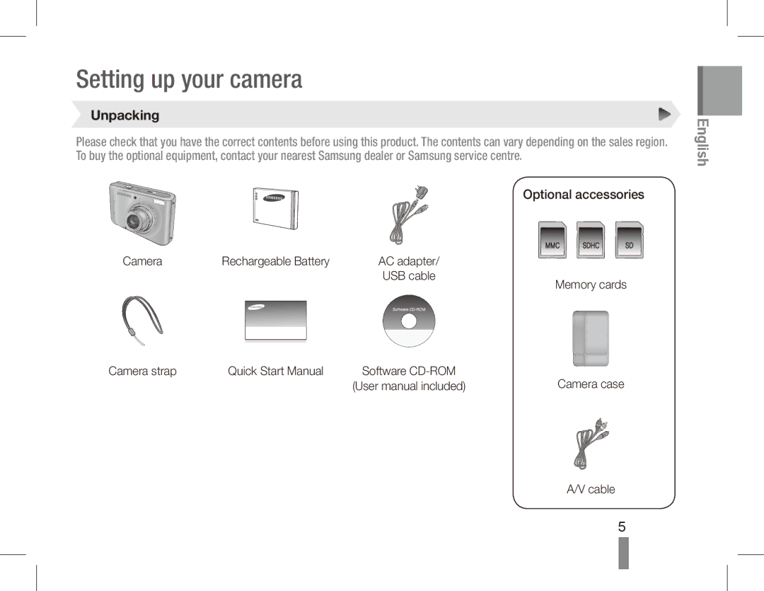 Samsung EC-PL55ZZBPUIT, EC-PL55ZZBPBE1, EC-PL55ZZBPRE1 manual Setting up your camera, Unpacking, Optional accessories 